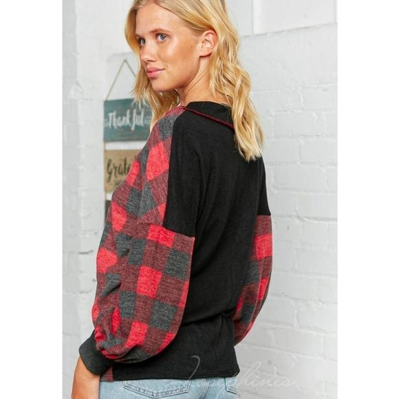 Soft V-Neck Red And Black Plaid Top - Picture 5 of 7